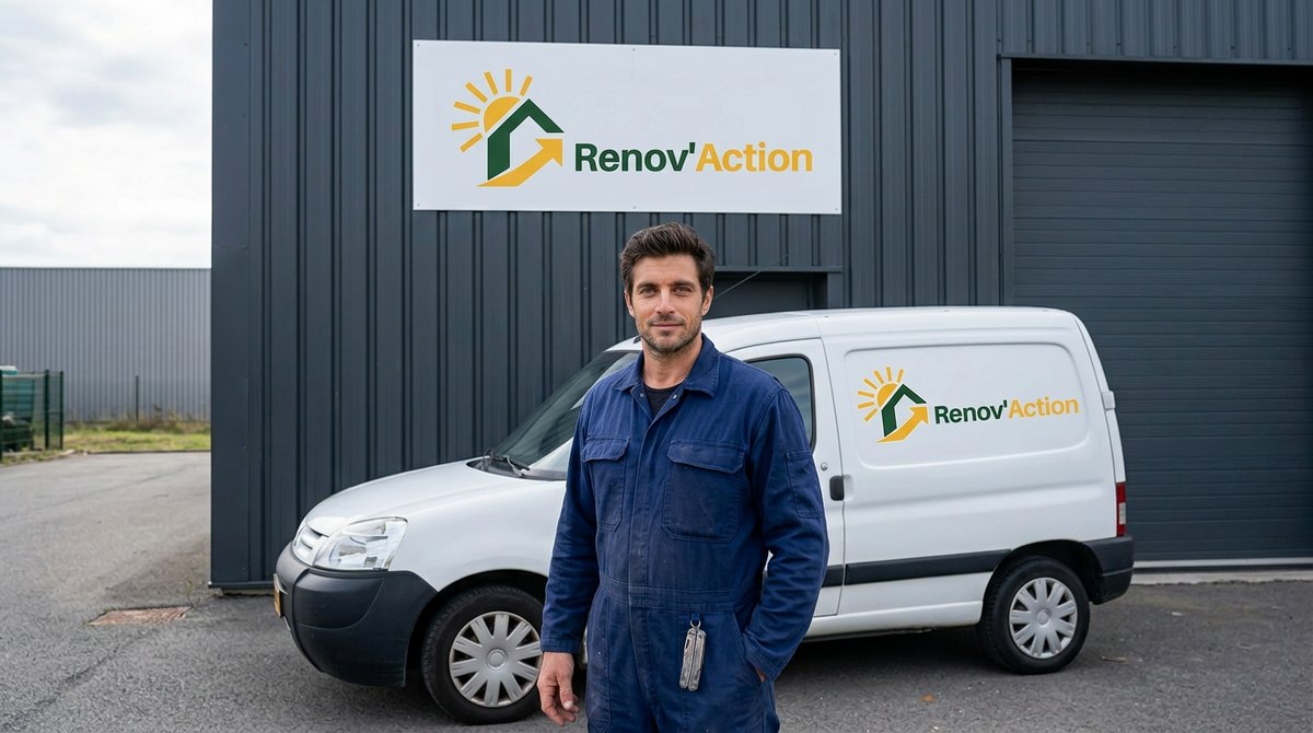 Image extraite d'une publicité : un technicien devant le véhicule et les locaux de l'entreprise, logo visible sur la façade et sur le camion